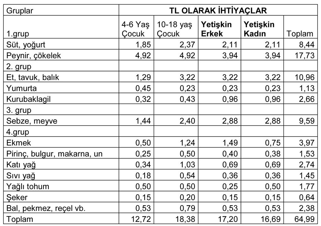 Aylık Sağlıklı Beslenmek İçin Alınması Gereken Gıdaların Yaş Gruplarına Göre Günlük Maliyeti (TL)