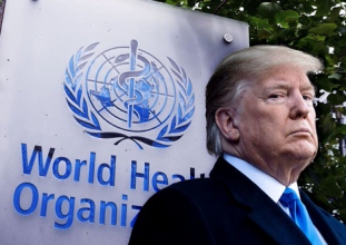 trump dünya sağlık örgütü (who) tabelası önünde 
